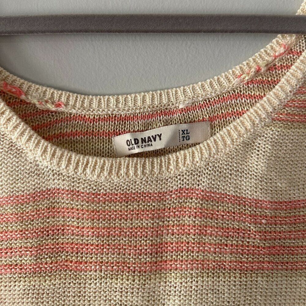 Y2K Linen Blend Sweater Tank Top XL Cream Old Navy Crochet Knit Stripe Boho Boxy - Picture 6 of 8